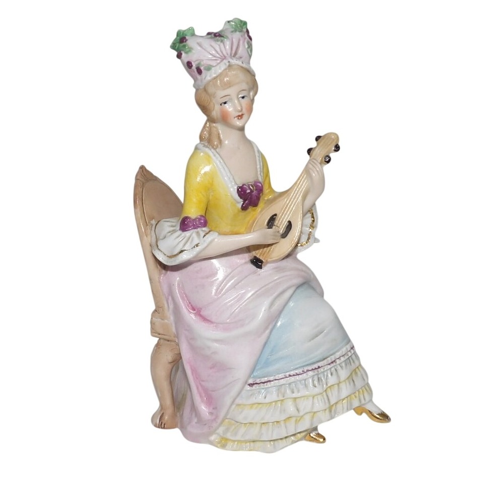 Vintage Porcelain Lady Playing Lute Figurine Hand Painted Gold Gilt Vase